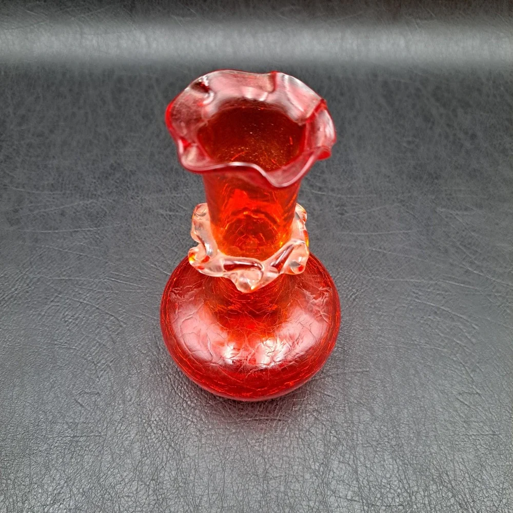 Vintage Ruby Red‎ Crackle Glass Bud Vase Ruffled Rim Rigaree Mid Century Modern